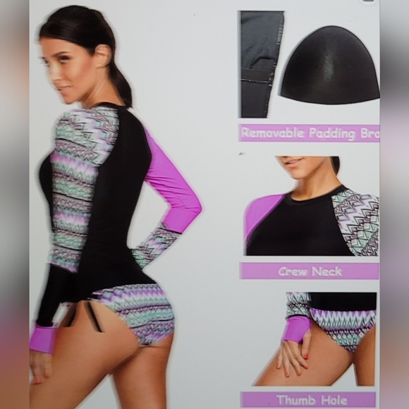 NWOT Pull Over Rash Guard Thumb Holes Side Tie Bikini Bottom swim suit Set - Picture 5 of 16